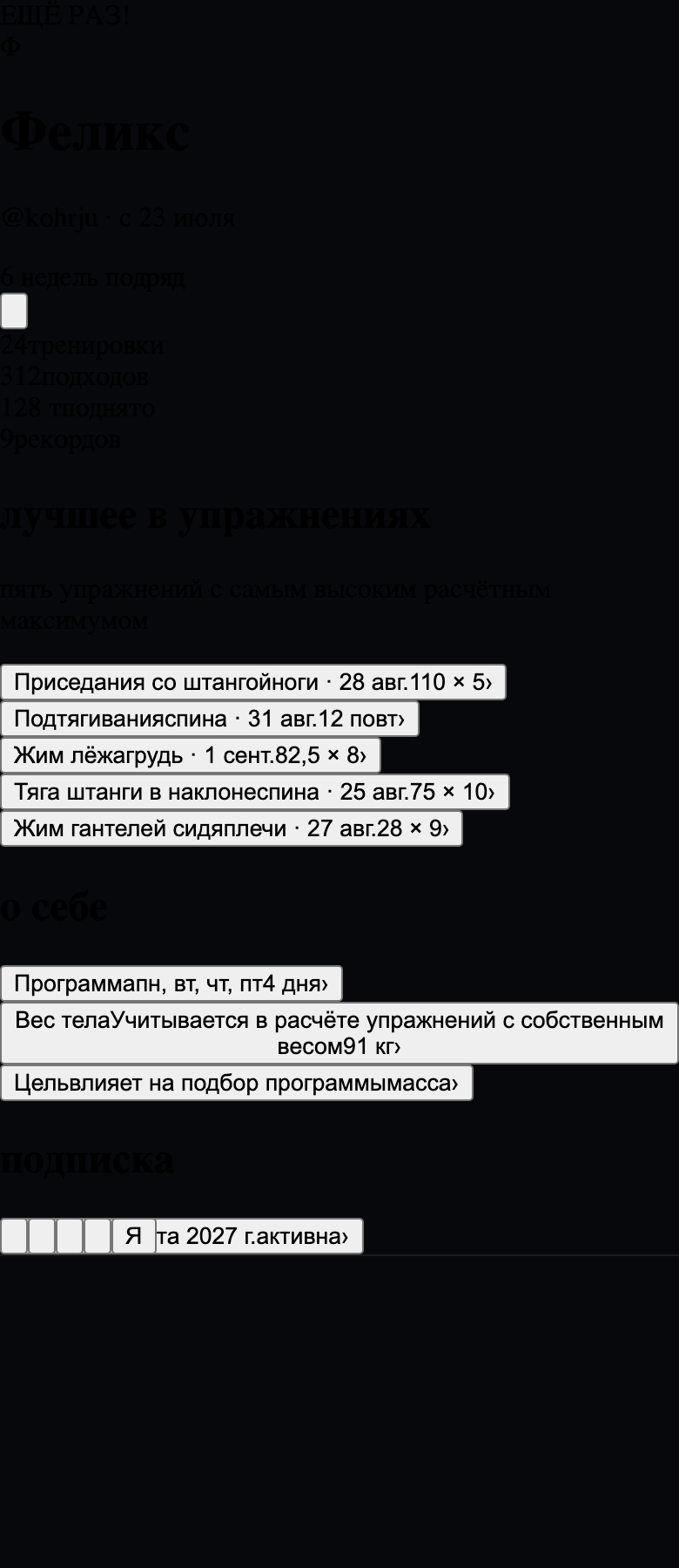 Раздел «я»: статистика по тренировкам, подходам и тоннажу, список личных рекордов по упражнениям